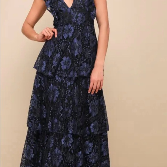 Lulu's Navy Floral Lace Wedding Dress - Picture 1 of 11